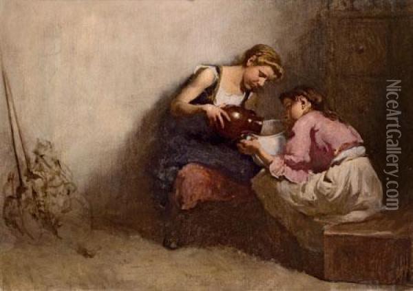 Zwei Bauernkinder Beim Milchausgiesen Oil Painting - Franz Von Defregger