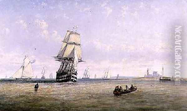 Men-o-War Schooners and Royal Navy Yachts in Busy Channel Scene off the Fastnet Light Oil Painting - Claude T. Stanfield Moore