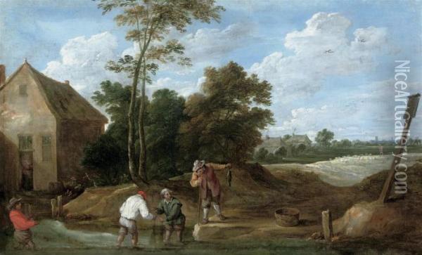 Peasants Fishing In A Stream By A Cottage Oil Painting - David The Younger Teniers
