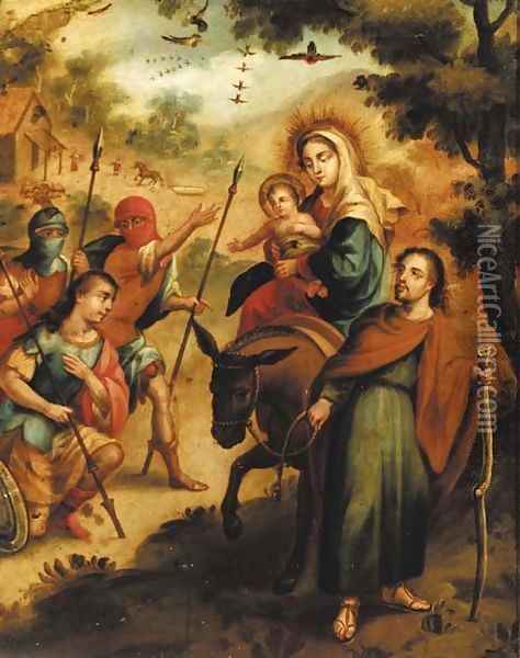 The Flight into Egypt with Roman legionnaires adoring the Christ Child Oil Painting - Spanish Colonial School