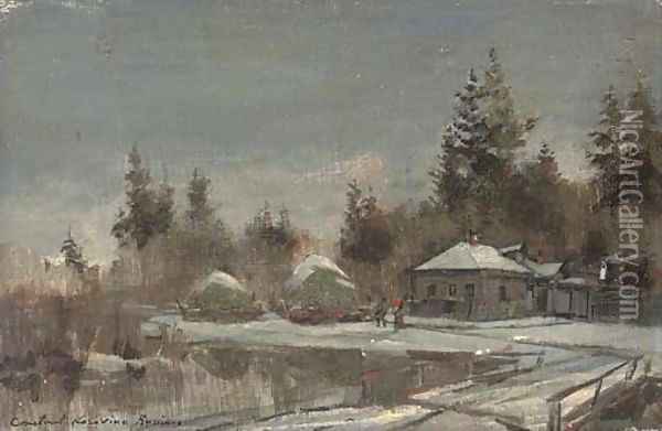 A Russian riverside village in winter Oil Painting - Konstantin Alexeievitch Korovin