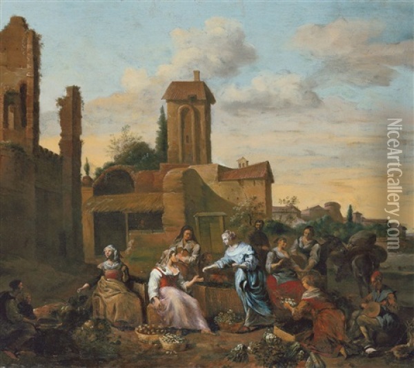 Marktszene Vor Romischen Ruinen Oil Painting - Hendrick Mommers