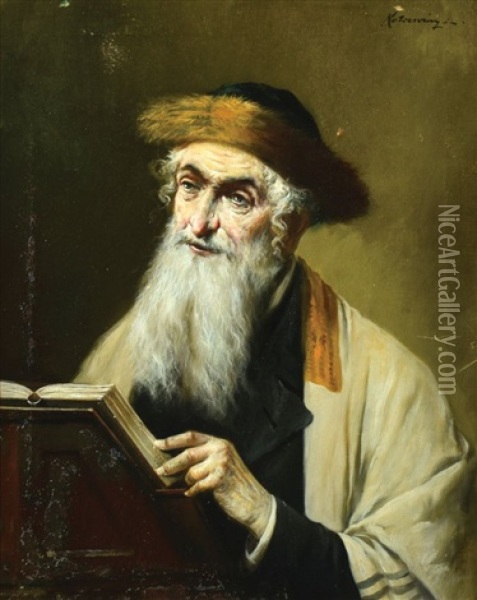 Hassid Studying Torah Oil Painting - Lajos Koloszvary
