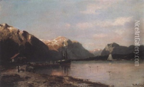 Dampbat I Vestlandsfjord Oil Painting - Morten Mueller