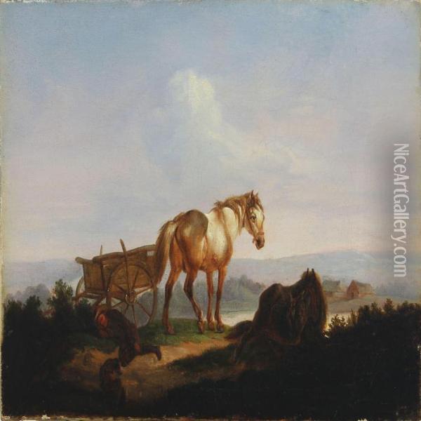 Landscape With Cart And Sleeping Peasant Oil Painting - Christian David Gebauer