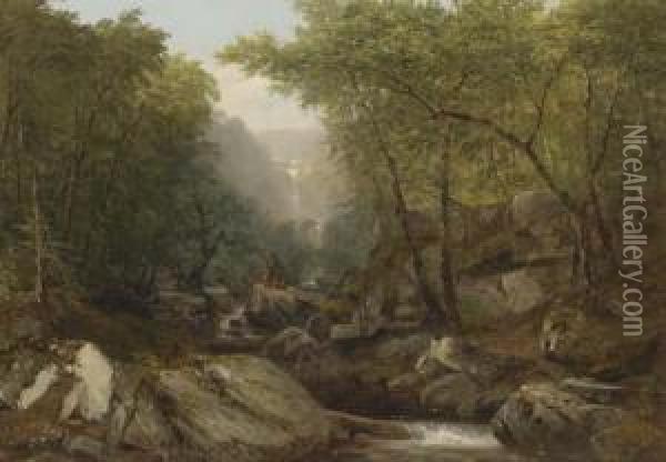 Waterfall In The Woods With Indians Oil Painting - John Frederick Kensett