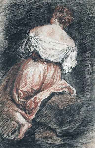 A seated woman seen from behind, after Bassano Oil Painting - Jean-Antoine Watteau