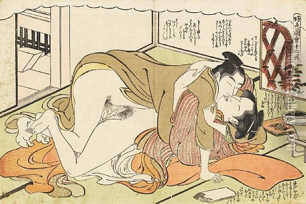 A Couple Making 
Love In The Interior Of A Teahouse Oil Painting - Katsukawa Shuncho