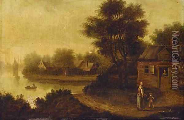 A river landscape with a mother and child on a track before a cottage Oil Painting - Jacob Elias La Fargue