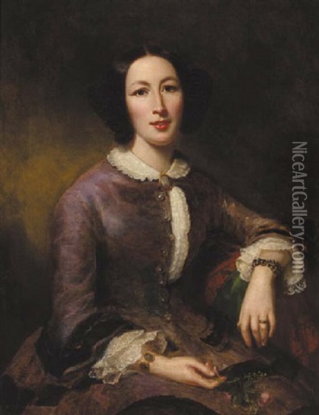 Portrait Of Lady Mackenzie In A Purple Dress, Holding A Rose, In An Interior Oil Painting - John Watson Gordon