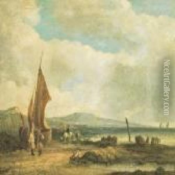 People And Boats By The Coast Oil Painting - Snr William Shayer