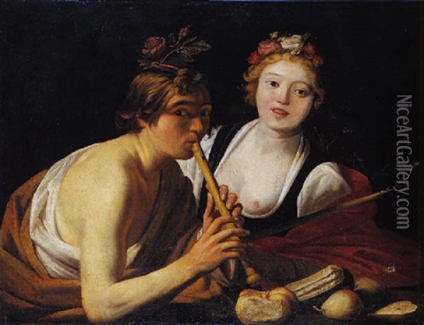 Le Joueur De Flute Et La Bergere Oil Painting - Gerrit Van Honthorst