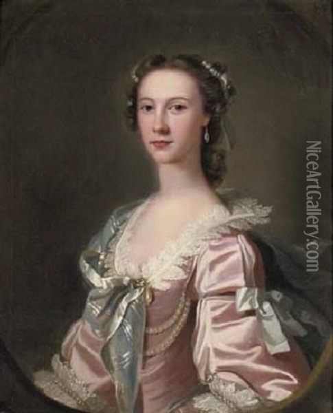 Portrait Of Dorothy Wilson, Of Dallam Tower, In A Pink Dress Decorated With Pearls Oil Painting - Thomas Hudson