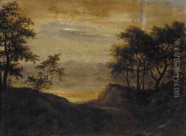 A wooded landscape with travellers on a path near a cottage Oil Painting - Jacob Van Ruisdael