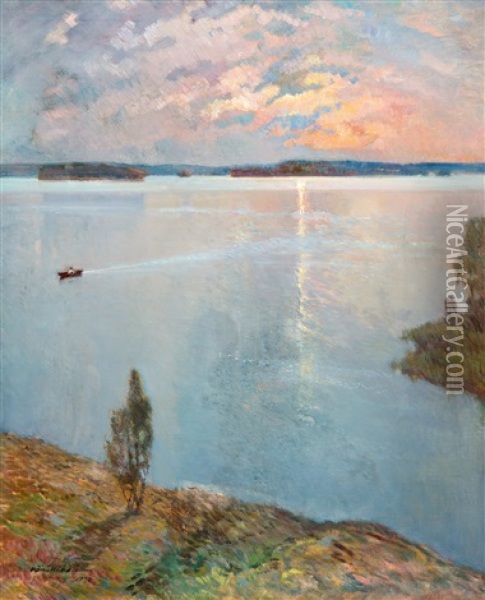 Lake Landscape Oil Painting - Vaeinoe Haemaelaeinen