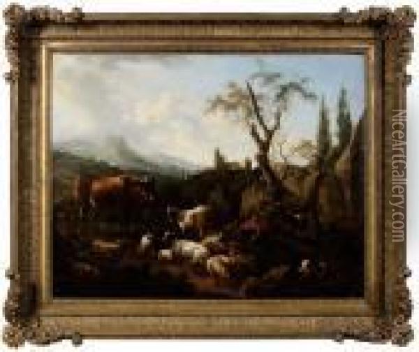 A Herdsman, With Dog, Goats, Sheep And Cow Oil Painting - Philipp Peter Roos