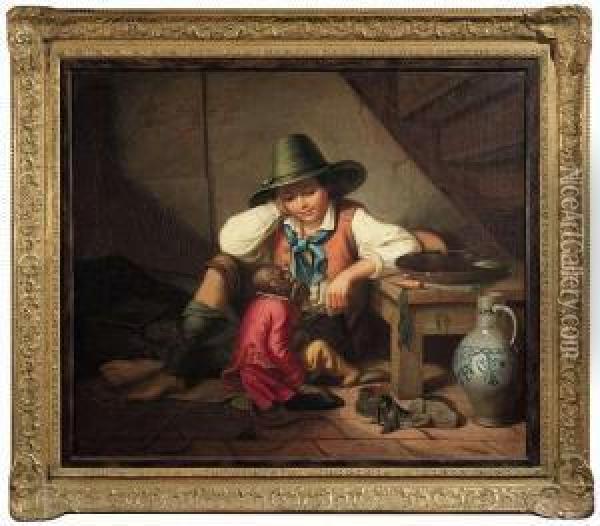 A Young Juggler With His Small Monkey Having Meal Oil Painting - E. Pezenburg