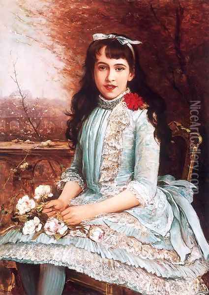 Girl in Blue Dress with Roses Oil Painting - Lajos Bruck