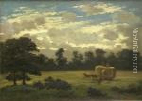 Landscape With Farm Workersloading A Cart With Hay Oil Painting - James Richard Marquis
