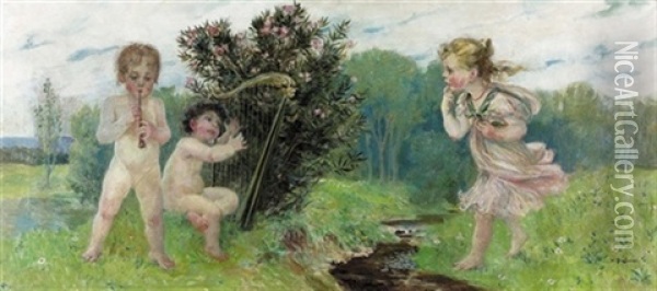 Idyllische Landschaft Mit Drei Kindern Oil Painting - Paul Friedrich Wilhelm Balmer