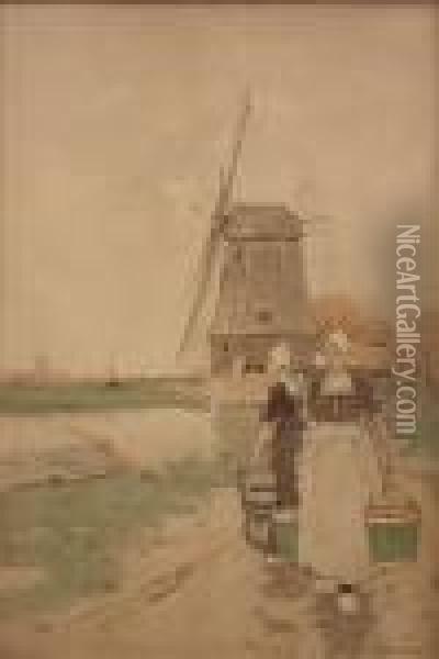 Dutch Scenes With Figuresby A Windmill And Figures By A Boat Oil Painting - Hendrick, Henri Cassiers