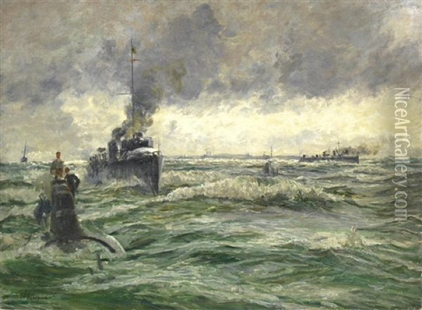 Submarines And Torpedo-boat Destroyers Entering Portsmouth Oil Painting - William Lionel Wyllie