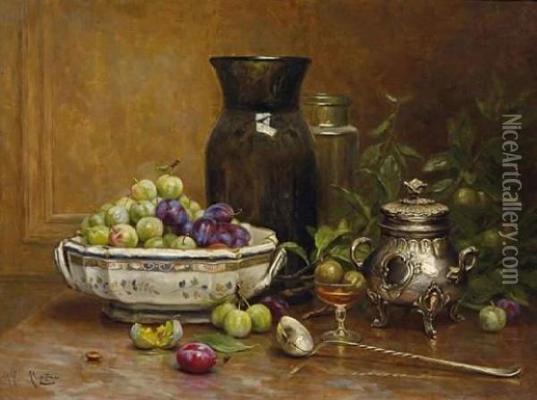 Still Life With A Bowl Of Plums And A Silver Box Oil Painting - Desire Alfred Magne