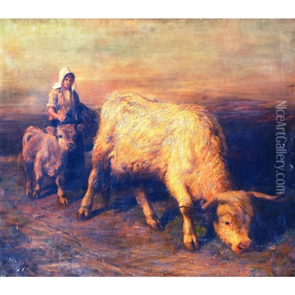 Young Shepherdess Guiding A Cow And Calf Oil Painting - Joseph Denovan Adam