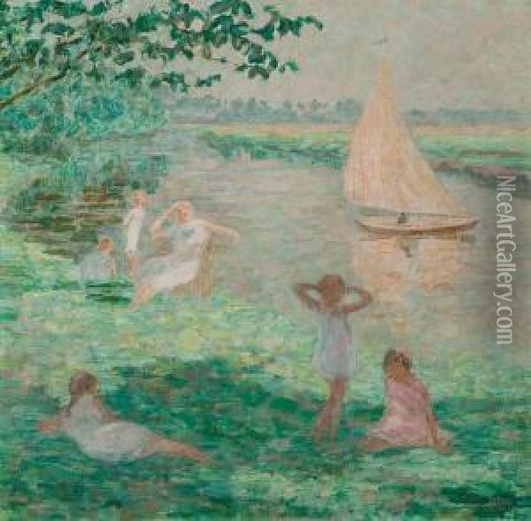 Jeunes Filles Au Bord De La Lys Oil Painting - Jenny Montigny