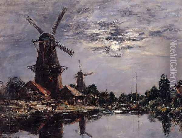 Windmills and Canel near Dordrecht Oil Painting - Eugene Boudin