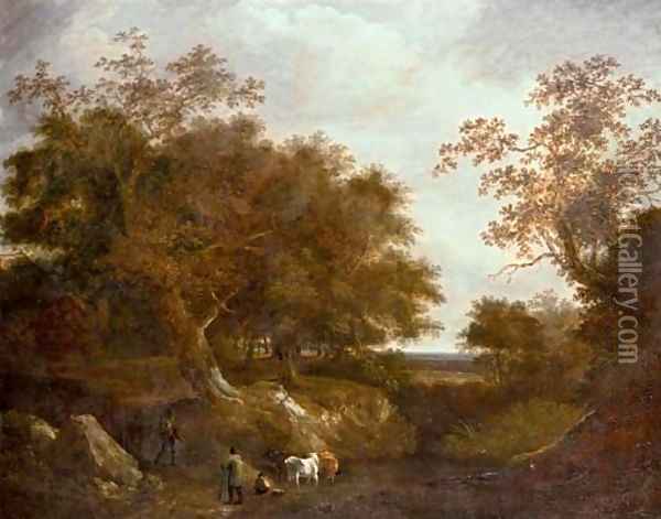 Travelers on a path with cattle watering at a pool in a wooded landscape Oil Painting - Thomas Barker of Bath
