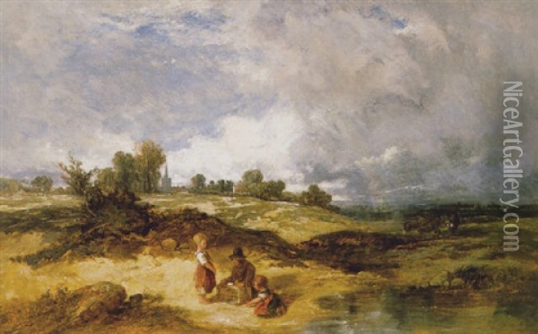 Whitchurch Heath With Children By A Pool Oil Painting - William James Mueller