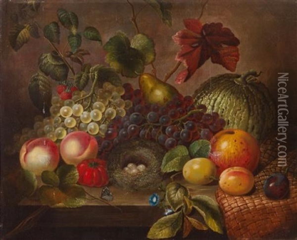Still Life With Fruit, Bird's Nest And Butterflies Oil Painting - Eloise Harriet Stannard