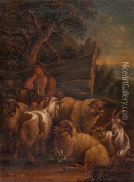Hirtin Mit Ihrer Ziegen- Und Schafherde Oil Painting - Heinrich Hirzel