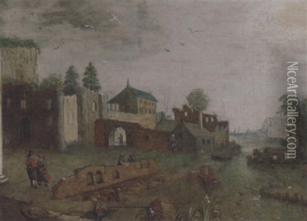 A River Landscape With Elegant Company And Other Figures On A Bank, A Walled Town Beyond Oil Painting - Marten Ryckaert