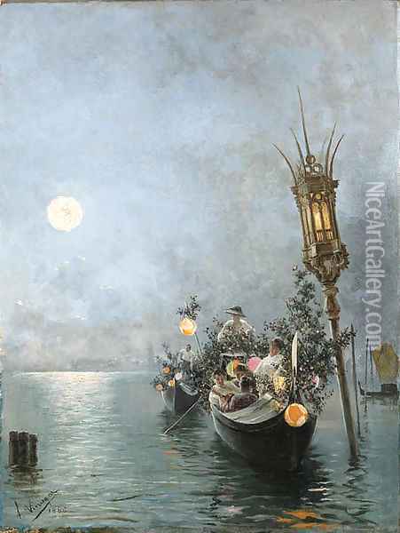 A gondola ride at night Oil Painting - Salvador Viniegra Y Lasso