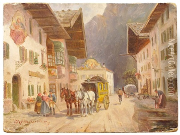 Ankunft Der Postkutsche In Mittenwald, Oberbayern Oil Painting - Ludwig Mueller-Cornelius