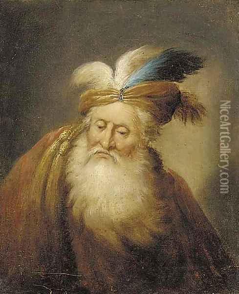 Portrait of an old man, bust-length, with a beard, wearing a turban and a red mantle Oil Painting - Christian Wilhelm Ernst Dietrich