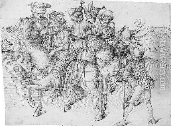 Group of Men on horseback: Study for a Crucifixtion Oil Painting - Nuremberg Master
