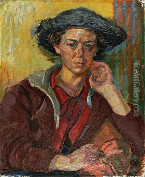 Madchen Mit Schwarzem Hut Oil Painting - Franz Wiegele