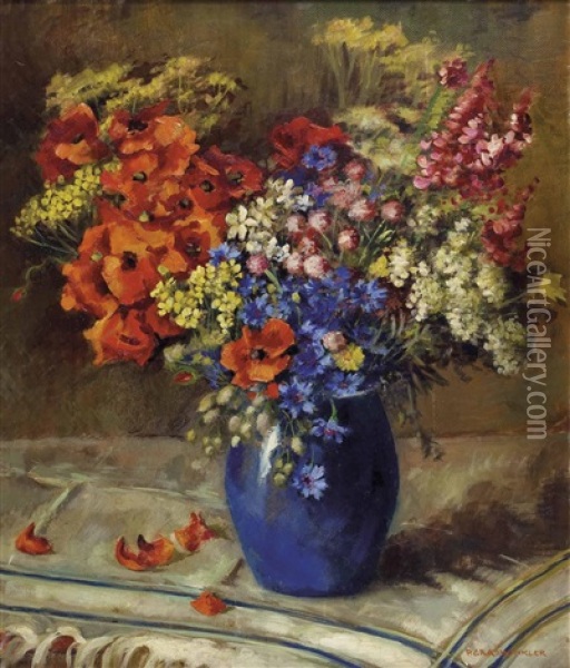 Sommerblumen In Vase Oil Painting - Peter Grabwinkler