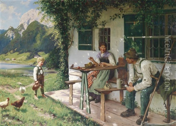 Sommertag Vor Dem Haus Oil Painting - Emil Rau