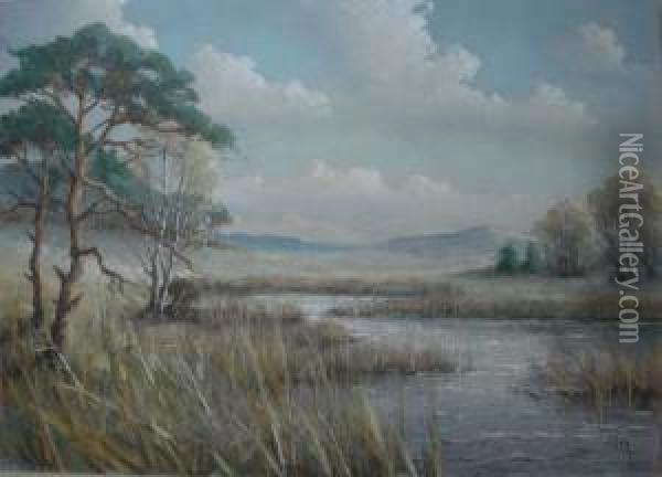 Reeds Bordering A River Landscape Oil Painting - Garstin Cox