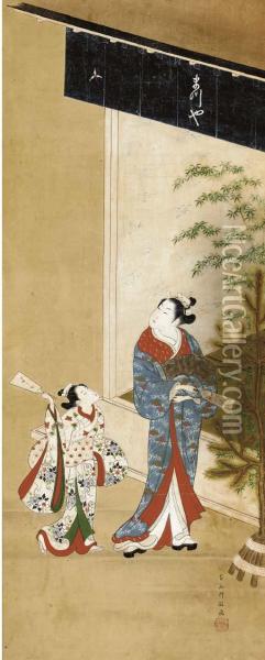 Courtesan And Attendant Playing Shuttlecock Oil Painting - Moromasa