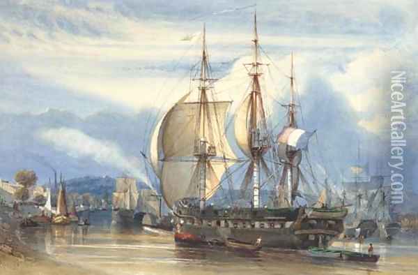 The French merchant frigate Chile preparing to set sail Oil Painting - Antoine-Desire Heroult