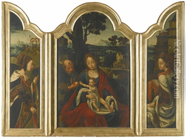 A Triptych: The Holy Family Flanked By Saint Catherine And Saint Barbara Oil Painting - Pieter Coecke van Aelst the Elder