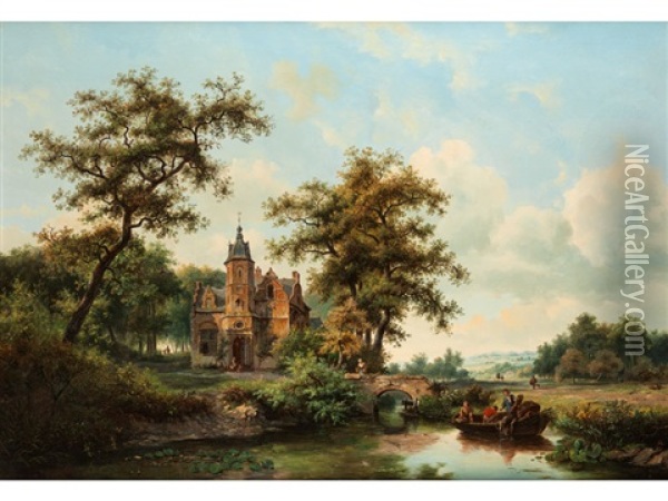 Weite Landschaft Mit Fluss, Fischern Und Kleinem Waldschlosschen Oil Painting - Frederik Marinus Kruseman
