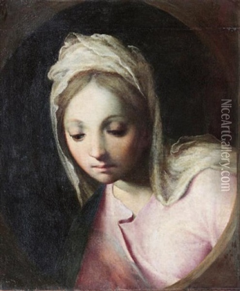 Portrait De Jeune Femme, Un Voile Blanc Sur La Tete Oil Painting - Ilario Casolani