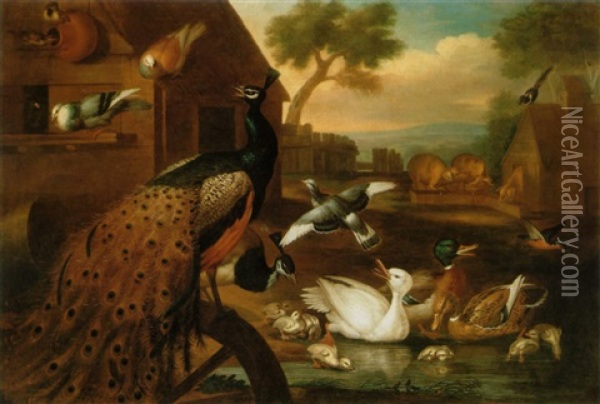Peacocks Pigeon And Duck In An Ornamental Garden Landscape Oil Painting - Melchior de Hondecoeter