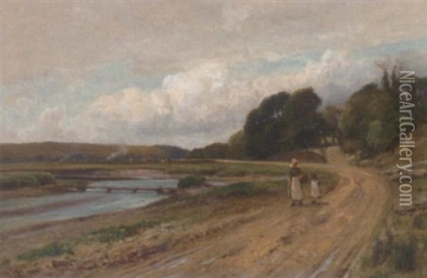 A Milkmaid And Child On A Riverside Track Oil Painting - Arthur William Redgate